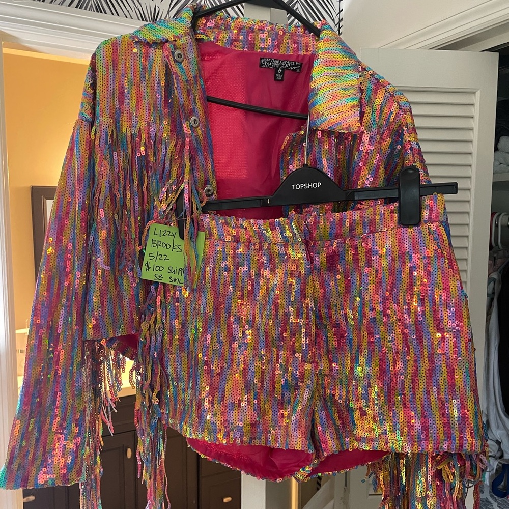 Dolls Kill- PRISM made to dream jacket and shorts set RAINBOW fringe
